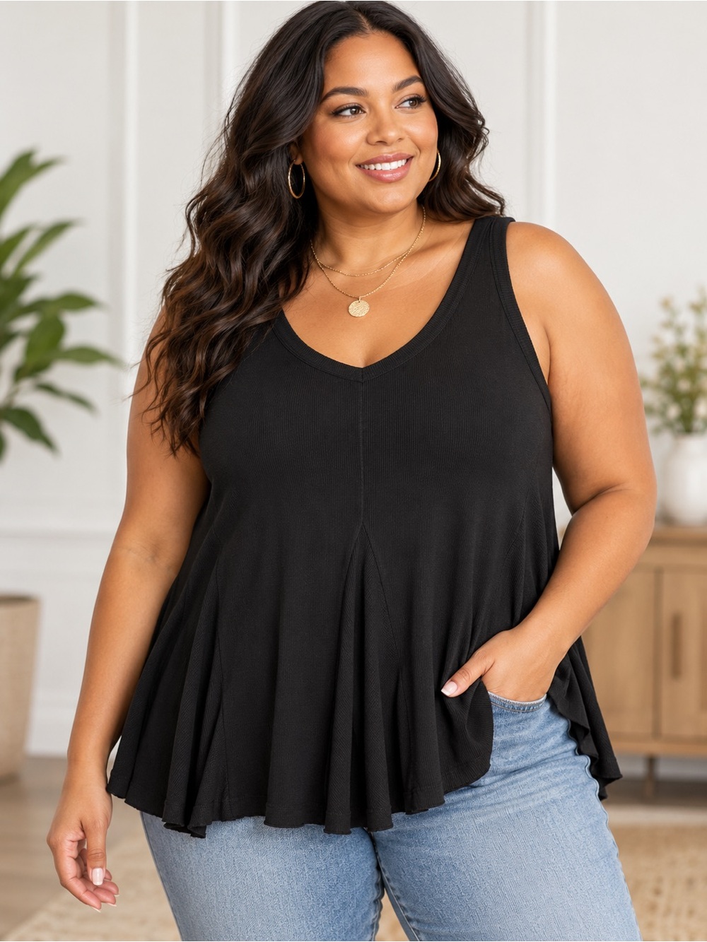 Terra & Sky Black Ribbed Peplum Tank Top 4X Boho Casual
